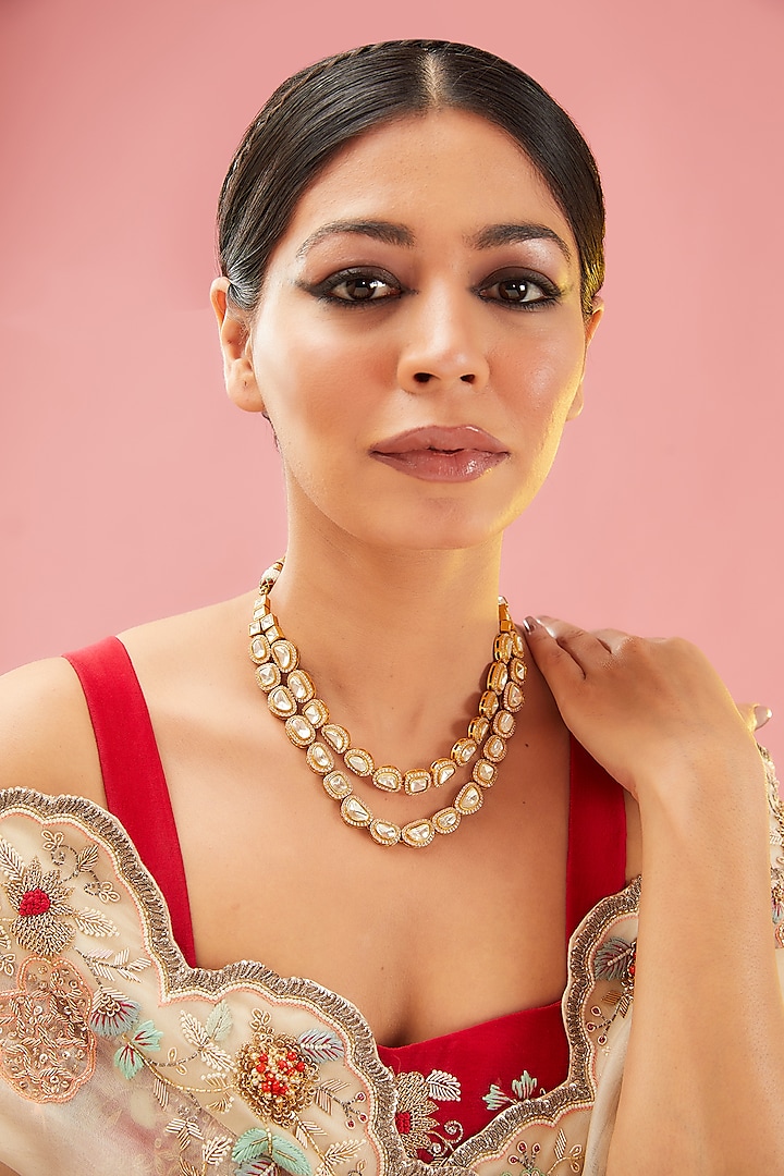 Gold Finish Moissanite Polki Layered Necklace by Preeti Mohan