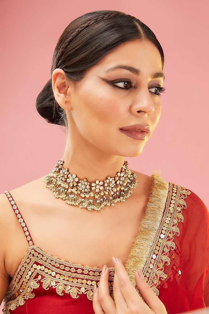 Gold Finish Green Kundan Polki & Onyx Choker Necklace by Preeti Mohan