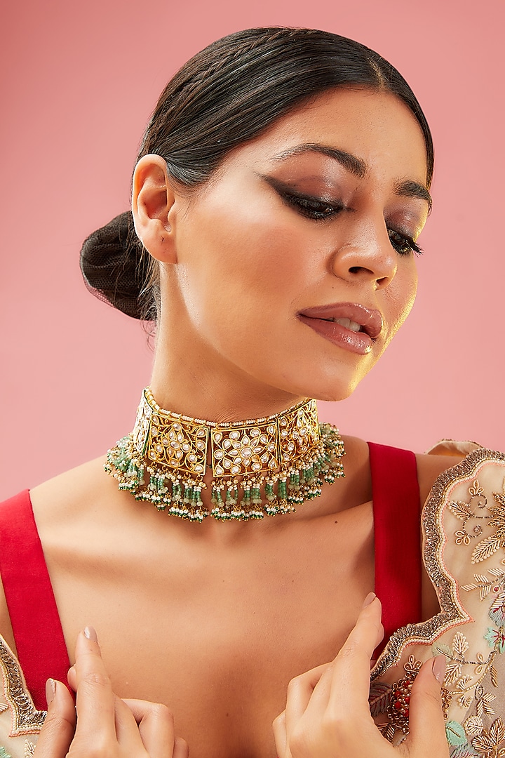 Gold Finish Green Kundan Polki & Onyx Choker Necklace by Preeti Mohan