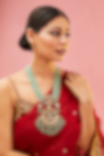 Gold Finish Mint Kundan Polki Long Pendant Necklace by Preeti Mohan