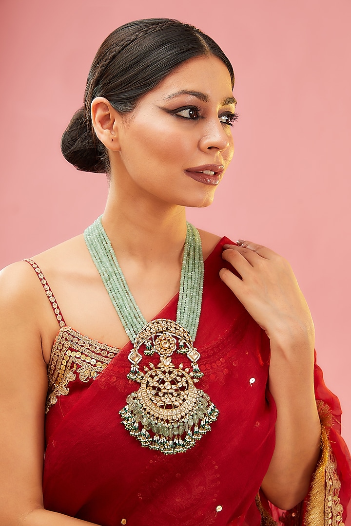 Gold Finish Mint Kundan Polki Long Pendant Necklace by Preeti Mohan