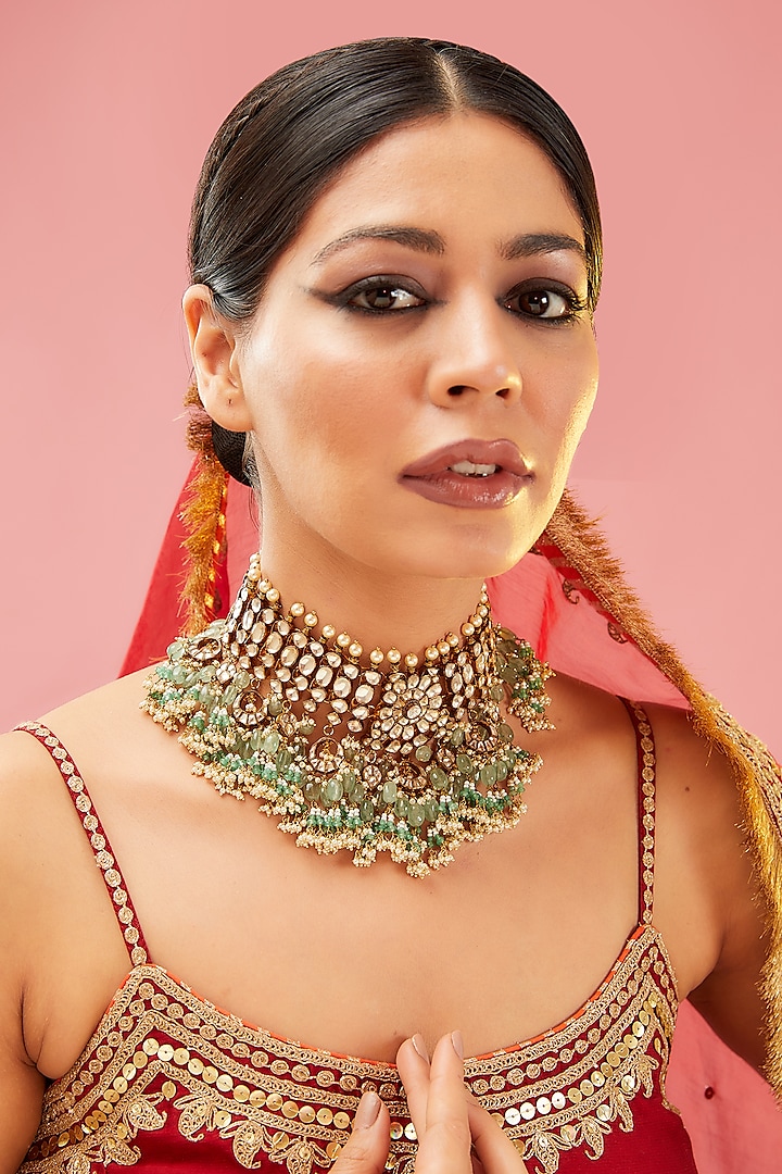 Gold Finish Green Kundan Polki & Pearl Choker Necklace by Preeti Mohan