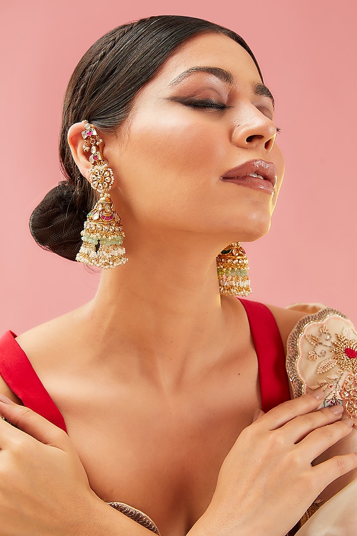 Gold Finish Green Kundan Polki & Pearl Jhumka Earrings by Preeti Mohan