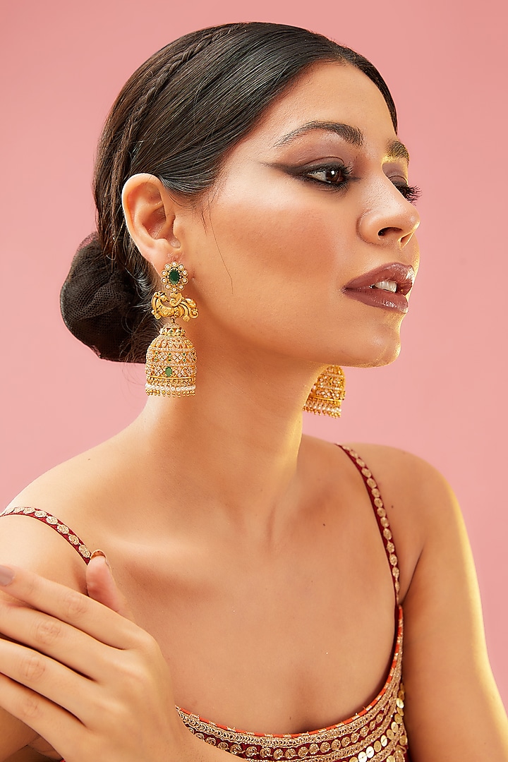 Gold Finish Green Kundan Polki & Pearl Jhumka Earrings by Preeti Mohan