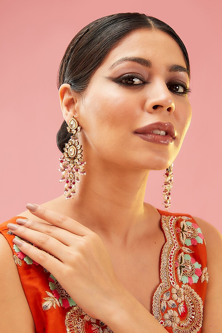 Gold Finish Pink Kundan Polki Dangler Earrings by Preeti Mohan