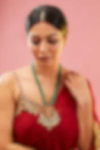 Gold Finish Red & Green Kundan Polki Pendant Necklace by Preeti Mohan
