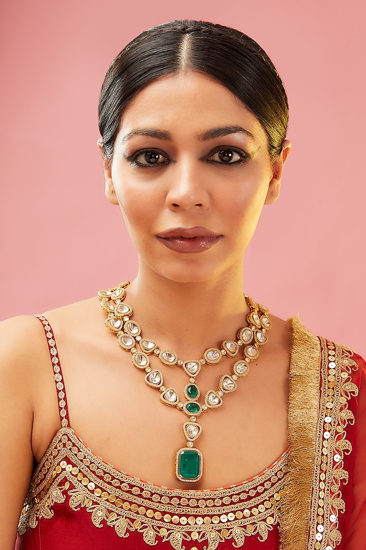 Gold Finish Green Kundan Polki Layered Necklace by Preeti Mohan