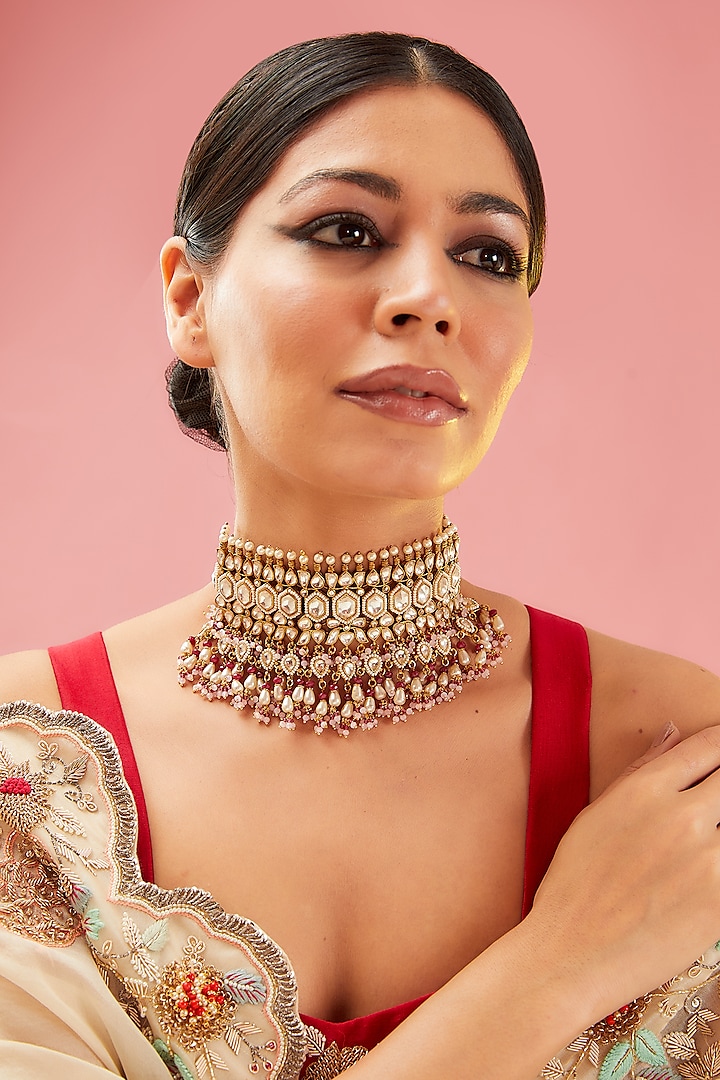Gold Finish Pink Kundan Polki Choker Necklace by Preeti Mohan