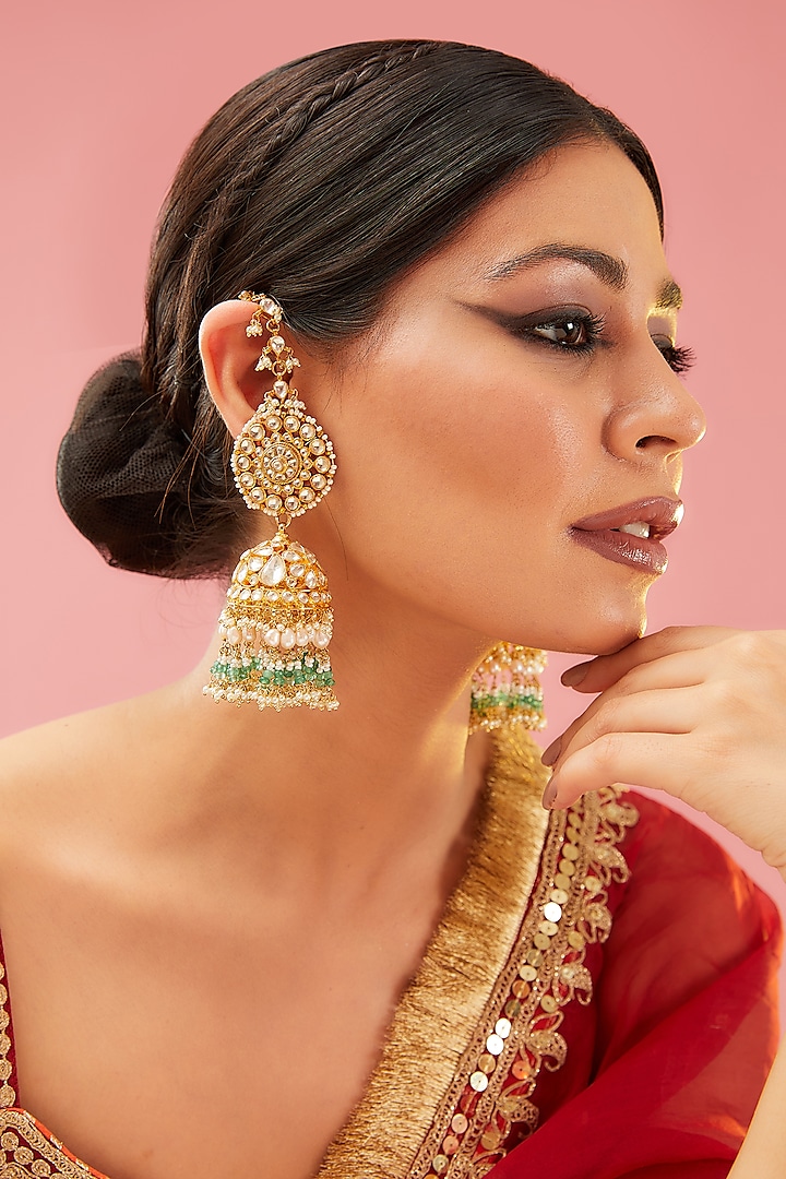 Gold Finish Green Kundan Polki & Drop Jhumka Earrings by Preeti Mohan