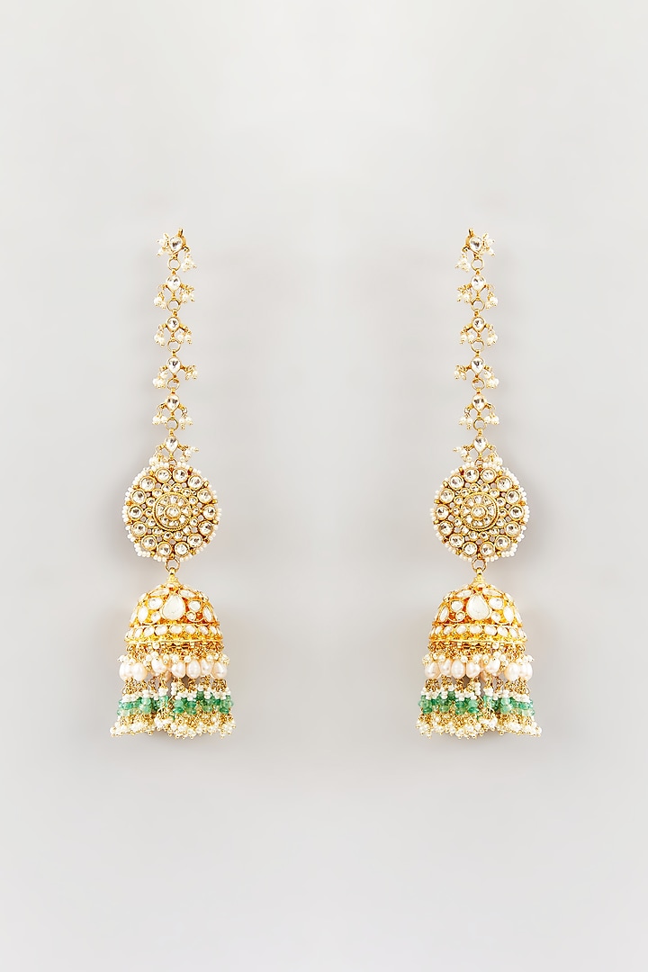 Gold Finish Green Kundan Polki & Drop Jhumka Earrings by Preeti Mohan at Pernia's Pop Up Shop