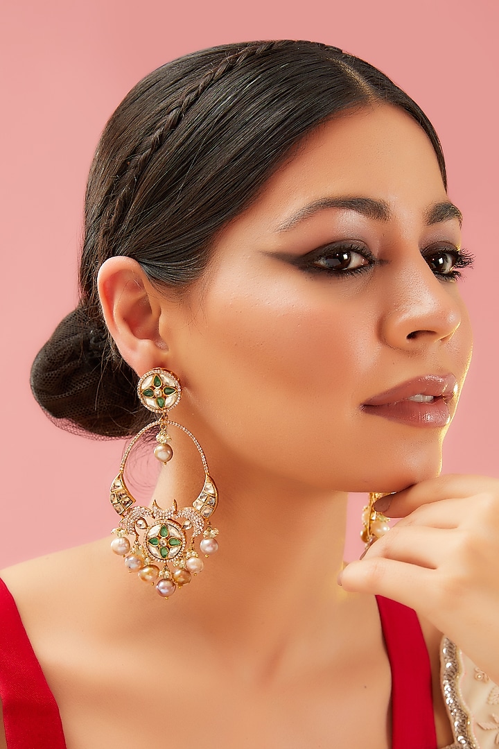 Gold Finish Green Kundan Polki & Pearl Dangler Earrings by Preeti Mohan