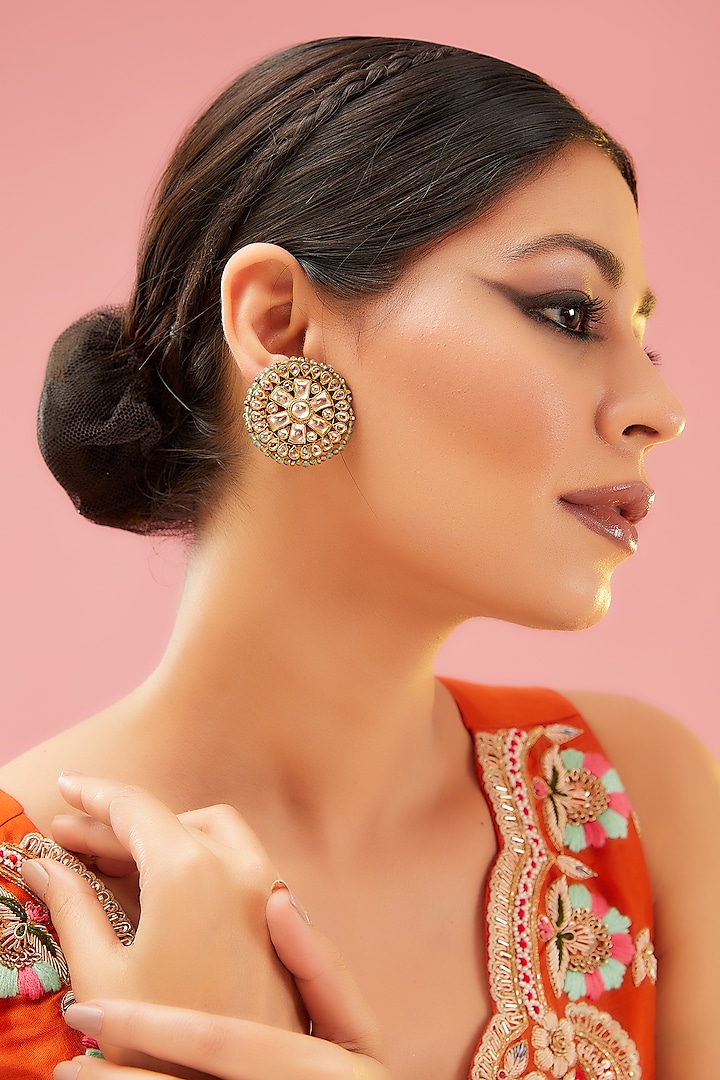 Gold Finish White & Green Kundan Polki Stud Earrings by Preeti Mohan