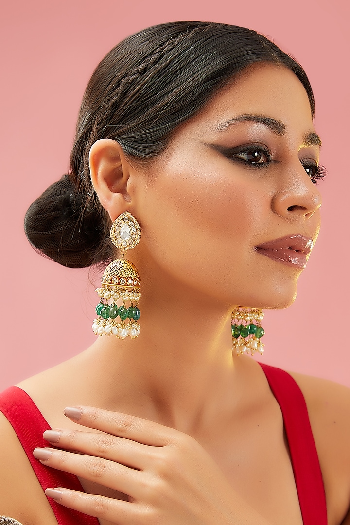 Gold Finish Kundan Polki & Pearl Jhumka Earrings by Preeti Mohan