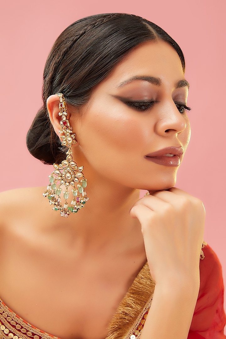 Gold Finish Kundan Polki & Multi-Colored Drop Dangler Earrings by Preeti Mohan