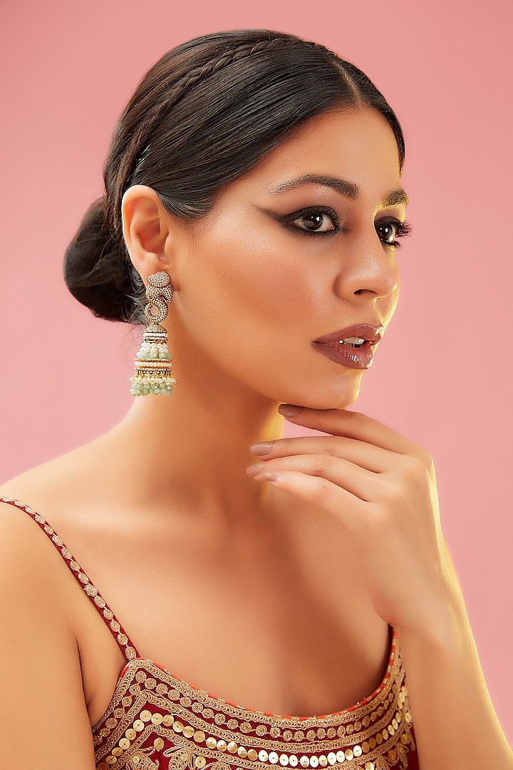 Gold Finish Kundan Polki & Green Onyx Dangler Earrings by Preeti Mohan