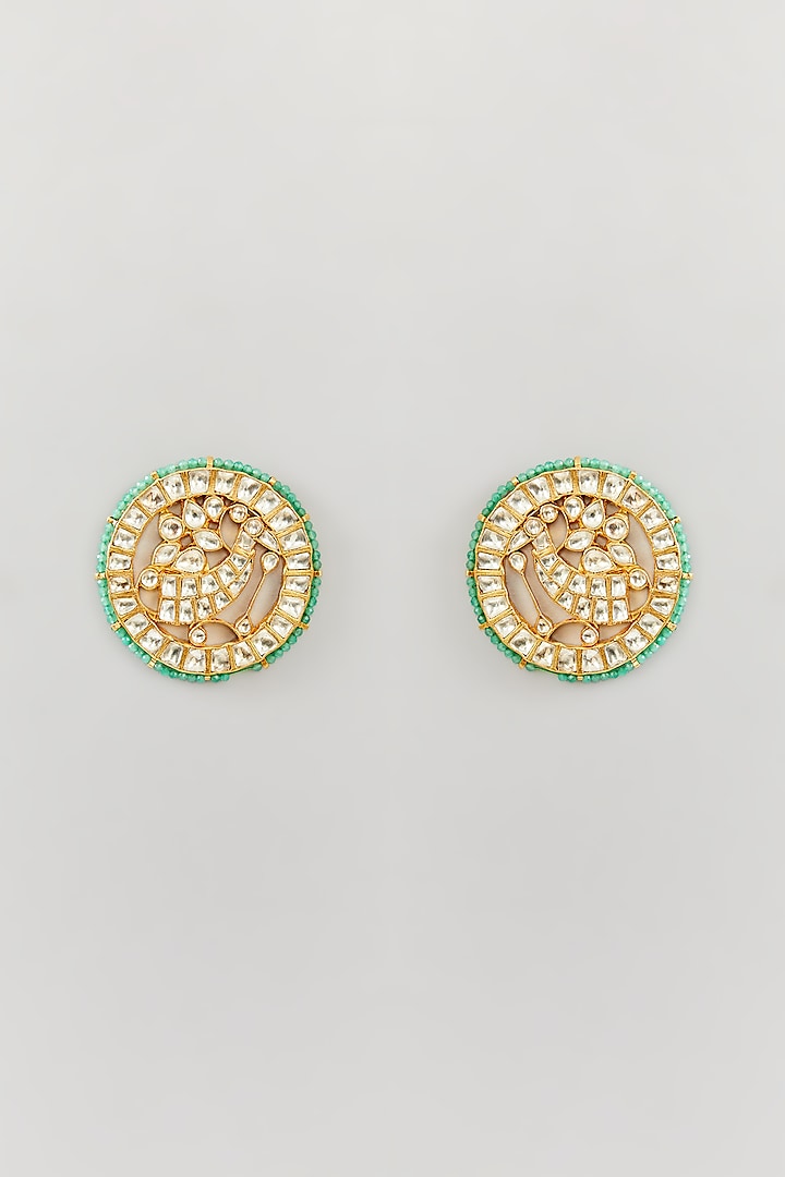 Gold Finish Green Kundan Polki Stud Earrings by Preeti Mohan