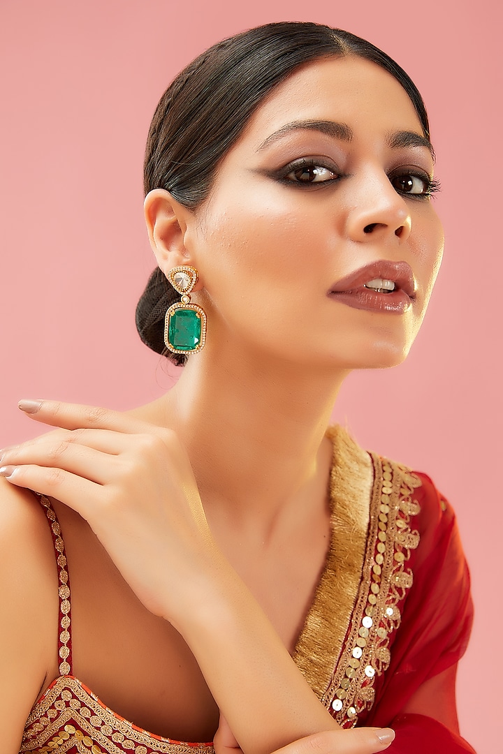 Gold Finish Green Kundan Polki Dangler Earrings by Preeti Mohan