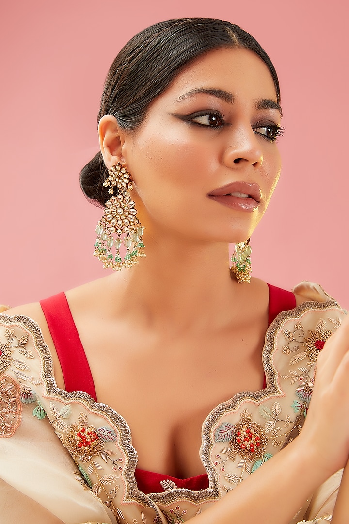 Gold Finish Kundan Polki & Pearl Dangler Earrings by Preeti Mohan