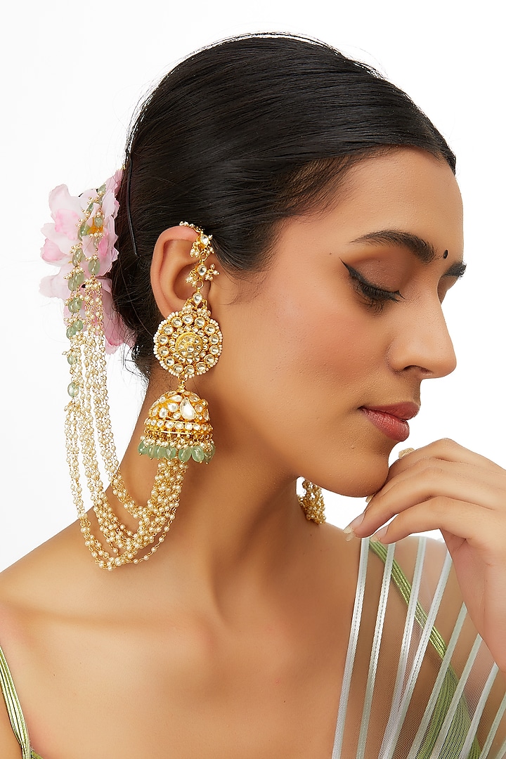 Gold Finish Kundan Polki & Pearl Jhumka Earrings by Preeti Mohan at Pernia's Pop Up Shop