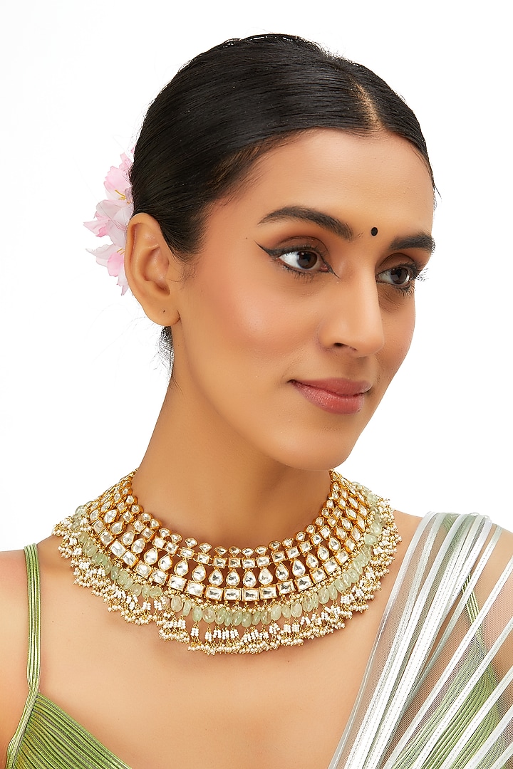 Gold Finish Kundan Polki & Fluorite Necklace by Preeti Mohan at Pernia's Pop Up Shop