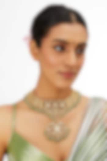 Gold Finish Kundan Polki & Green Onyx Necklace by Preeti Mohan at Pernia's Pop Up Shop