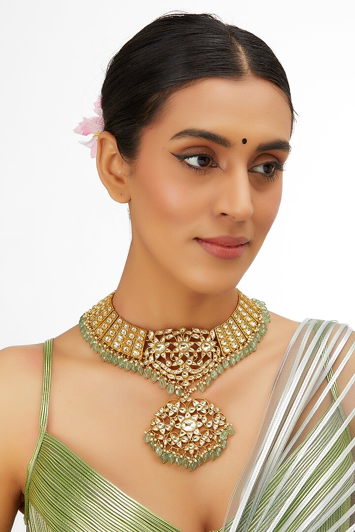 Gold Finish Kundan Polki & Green Onyx Necklace by Preeti Mohan at Pernia's Pop Up Shop