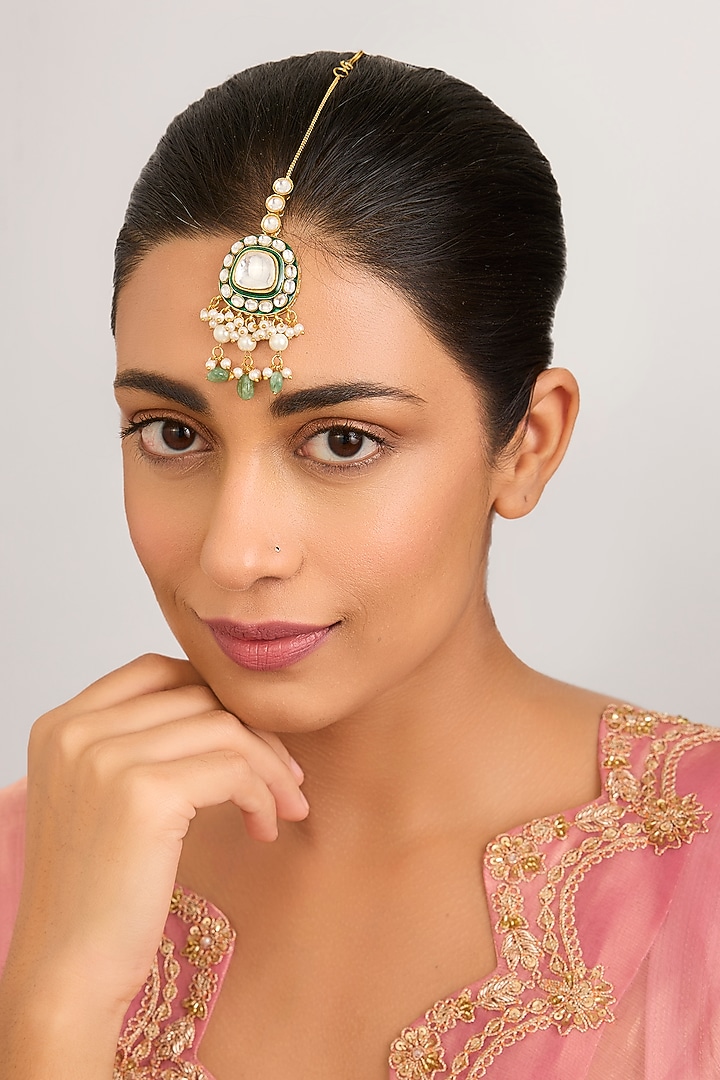 Gold Finish Kundan Polki & Green Stone Maangtikka by Preeti Mohan at Pernia's Pop Up Shop