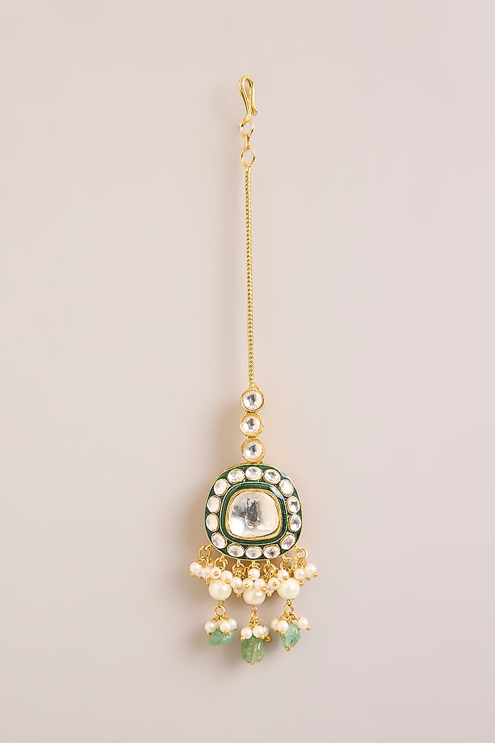 Gold Finish Kundan Polki & Green Stone Maangtikka by Preeti Mohan at Pernia's Pop Up Shop