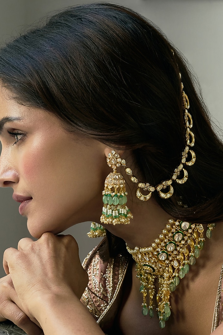 Gold Finish Green Onyx & Pearl Jhumka Earrings by Preeti Mohan at Pernia's Pop Up Shop