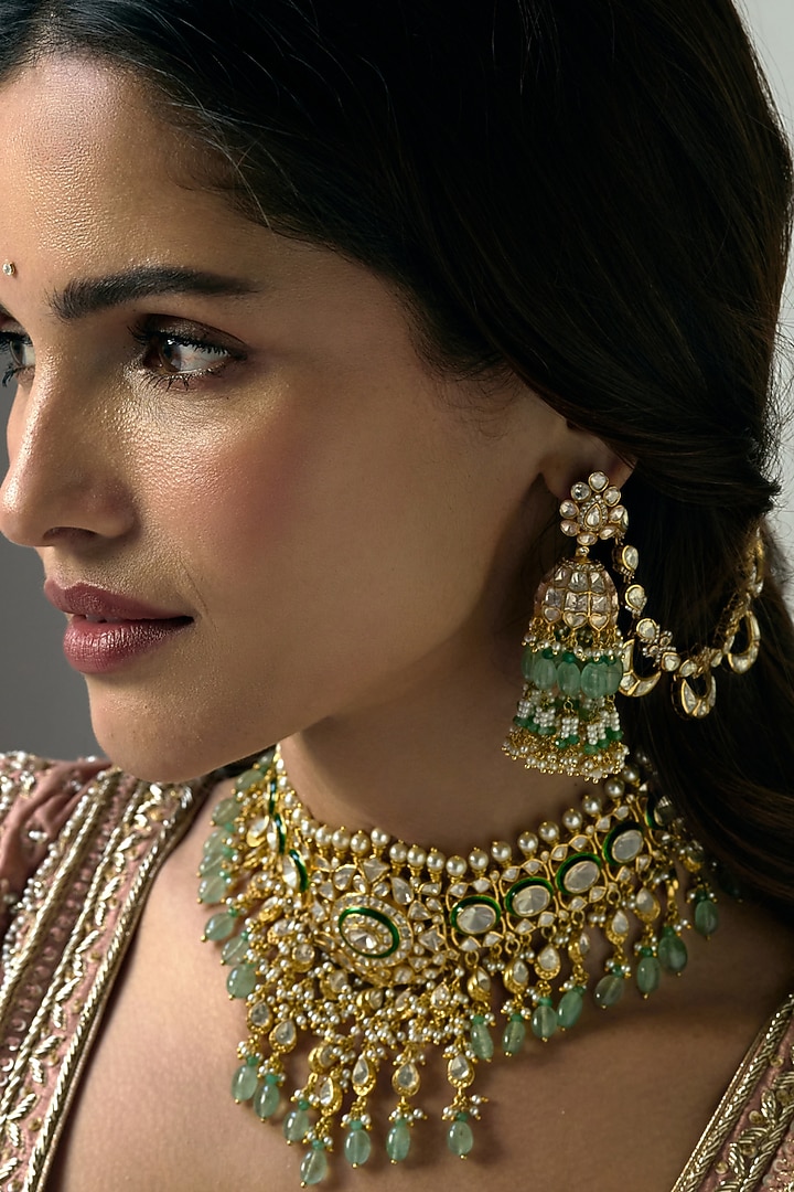 Gold Finish Green Onyx & Pearl Jhumka Earrings by Preeti Mohan at Pernia's Pop Up Shop