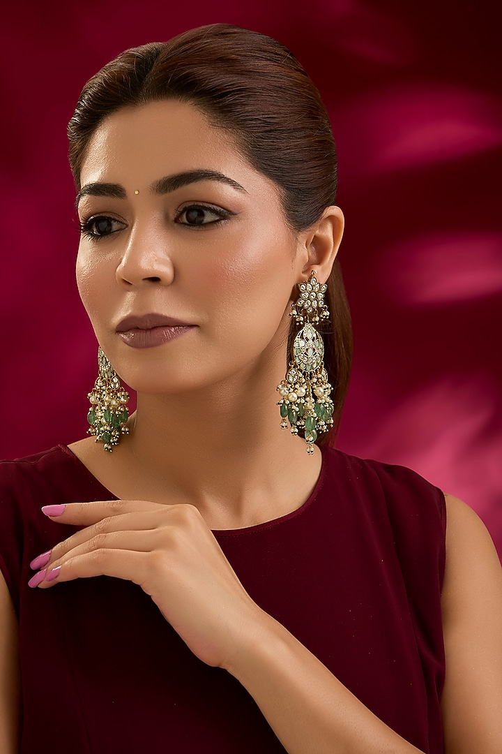 Gold Finish Kundan Polki & Mint Stone Dangler Earrings by Preeti Mohan at Pernia's Pop Up Shop