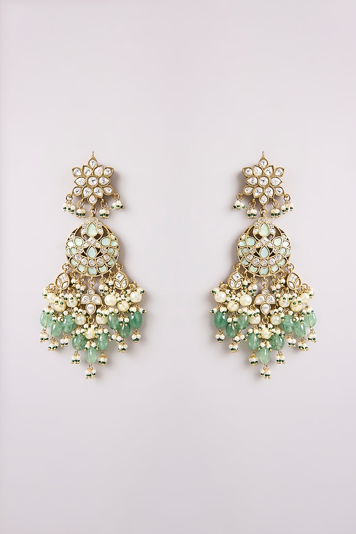Gold Finish Kundan Polki & Mint Stone Dangler Earrings by Preeti Mohan at Pernia's Pop Up Shop