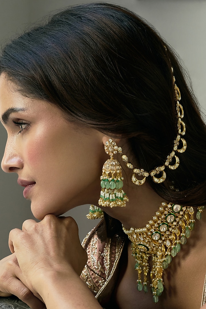 Gold Finish Kundan Polki Ear Chains by Preeti Mohan at Pernia's Pop Up Shop