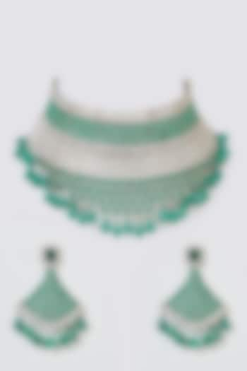 Silver Finish Green Zircons Necklace Set by Preeti Mohan