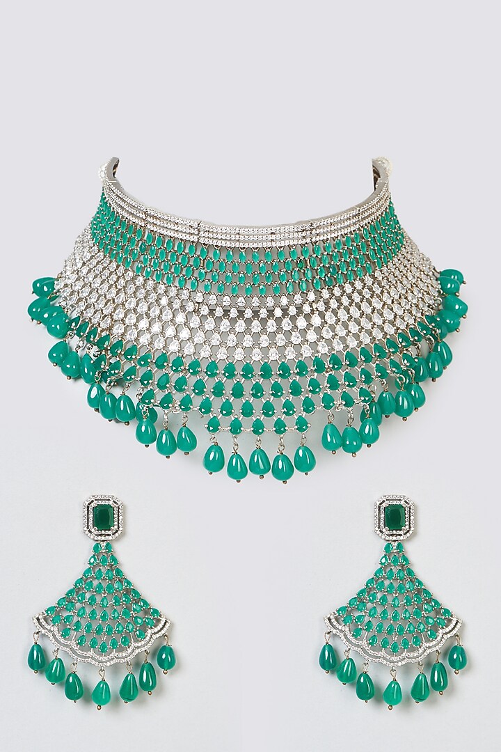 Silver Finish Green Zircons Necklace Set by Preeti Mohan