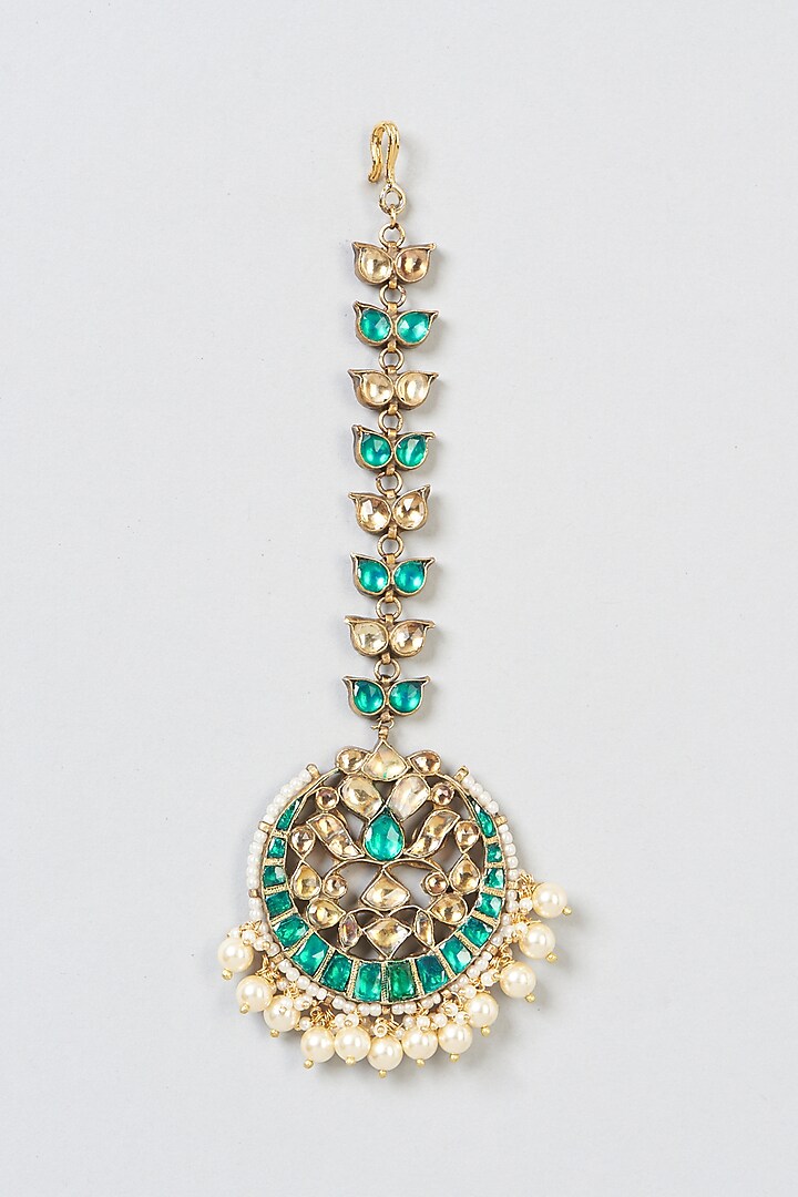Gold Finish Emerald Maang Tikka by Preeti Mohan