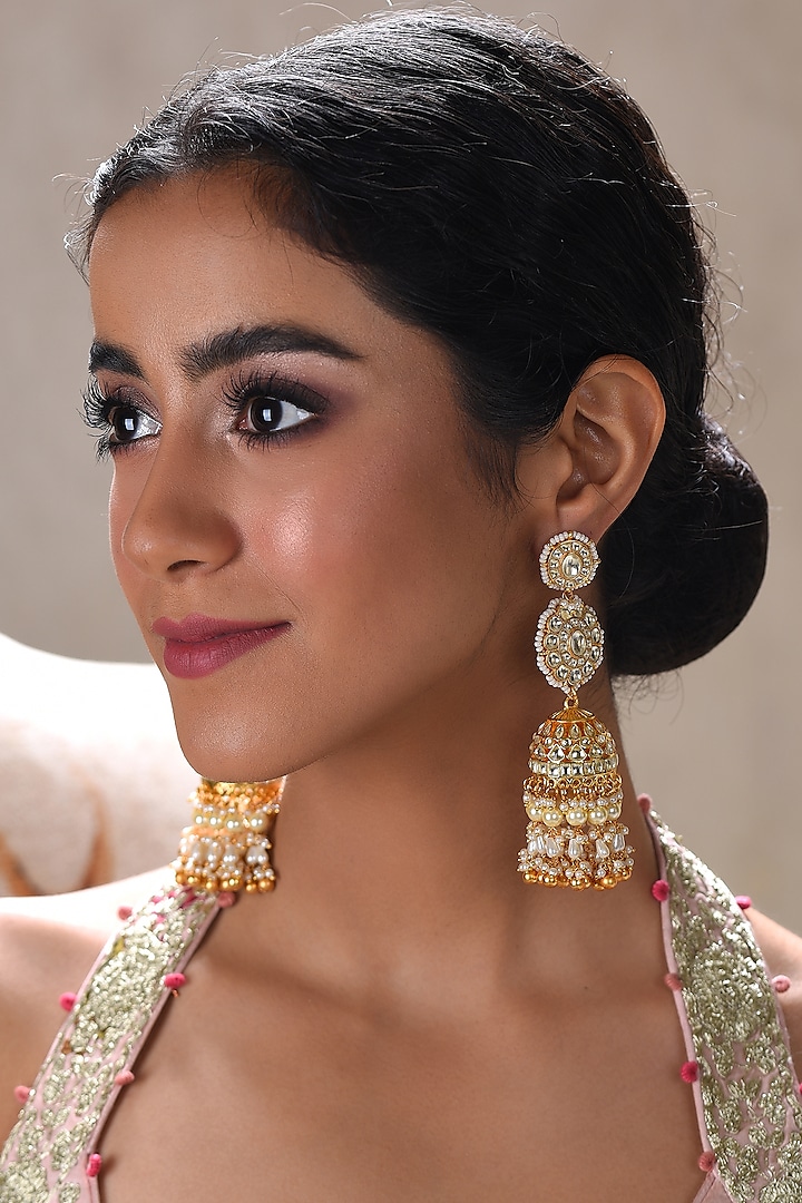 Gold Finish Kundan Polki Gautami Jhumka Earrings by Preeti Mohan at Pernia's Pop Up Shop