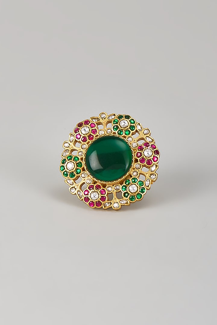 Gold Finish Kundan Polki & Multi-Colored Stone Ring by Preeti Mohan at Pernia's Pop Up Shop