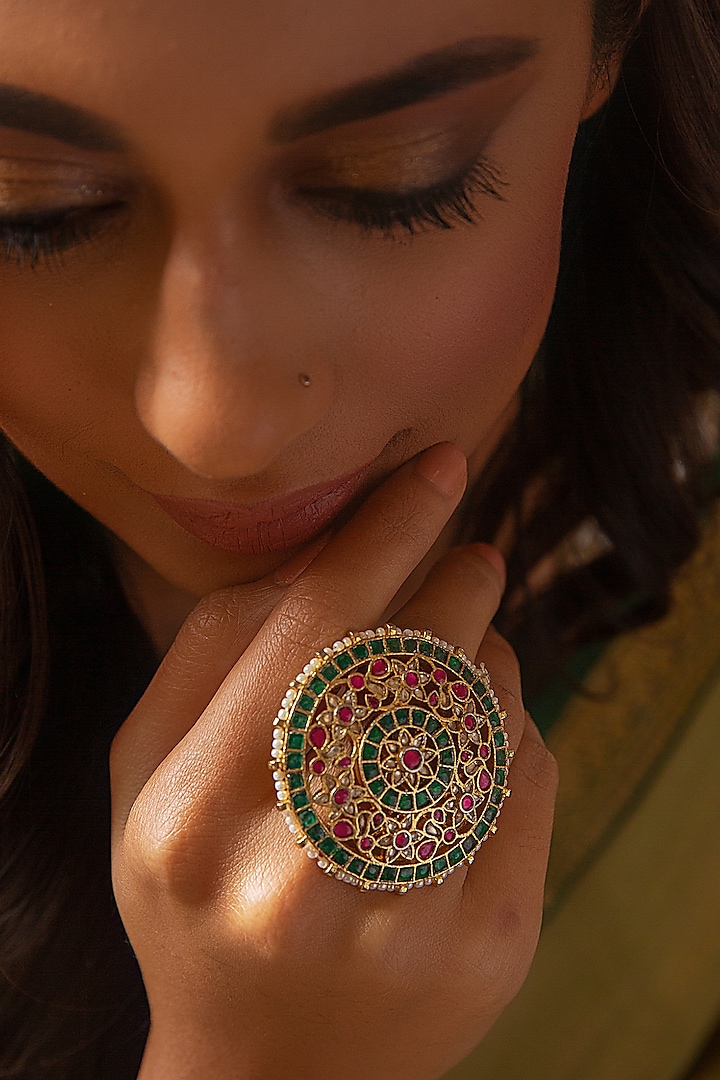 Gold Plated Red & Green Stone Ring by Preeti Mohan at Pernia's Pop Up Shop