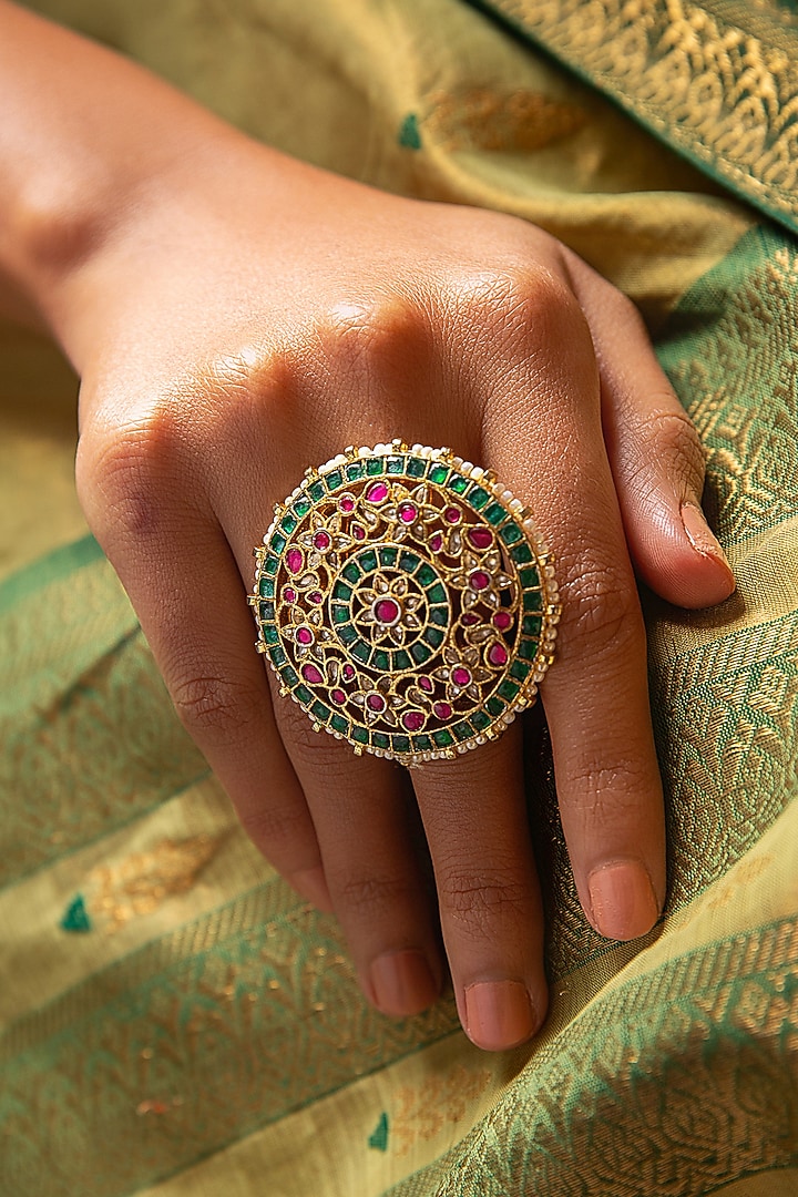 Gold Plated Red & Green Stone Ring by Preeti Mohan at Pernia's Pop Up Shop
