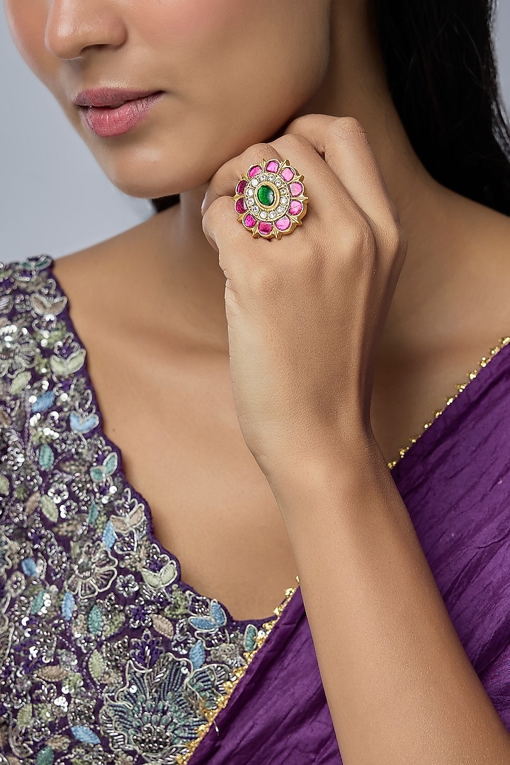 Gold Finish Ruby Stone Ring by Preeti Mohan at Pernia's Pop Up Shop