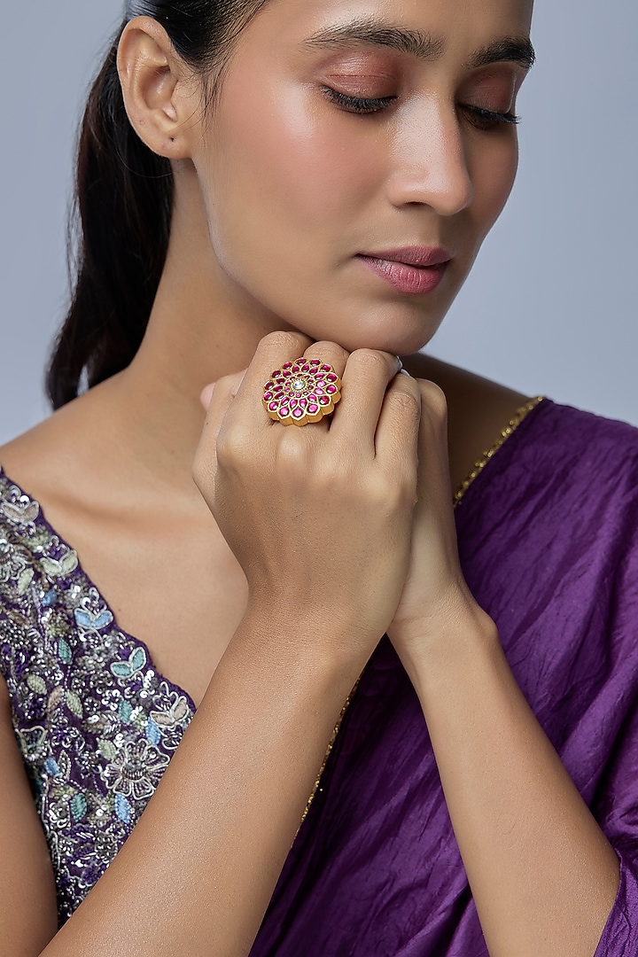 Gold Finish Ruby Stone Ring by Preeti Mohan at Pernia's Pop Up Shop