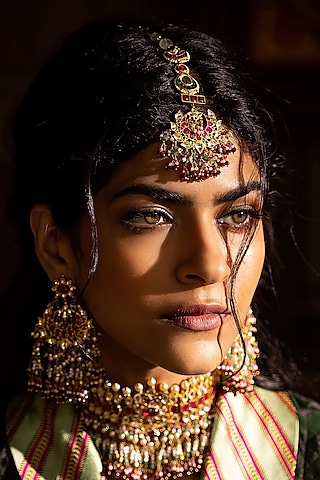 Gold Plated Green Onyx & Ruby Stone Maangtikka by Preeti Mohan