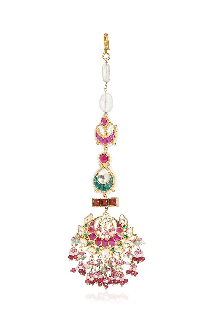 Gold Plated Green Onyx & Ruby Stone Maangtikka by Preeti Mohan at Pernia's Pop Up Shop
