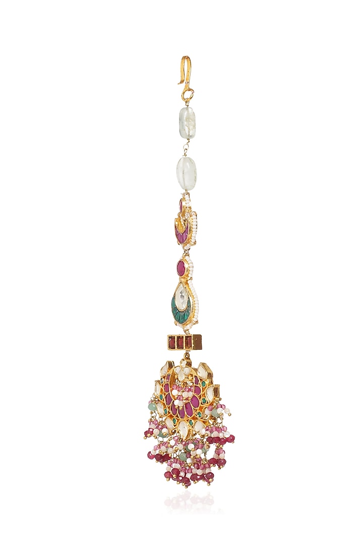 Gold Plated Green Onyx & Ruby Stone Maangtikka by Preeti Mohan at Pernia's Pop Up Shop