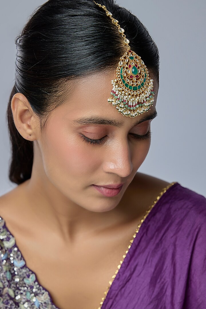 Gold Finish Kundan Polki & Multi-Colored Stone Maangtikka by Preeti Mohan at Pernia's Pop Up Shop