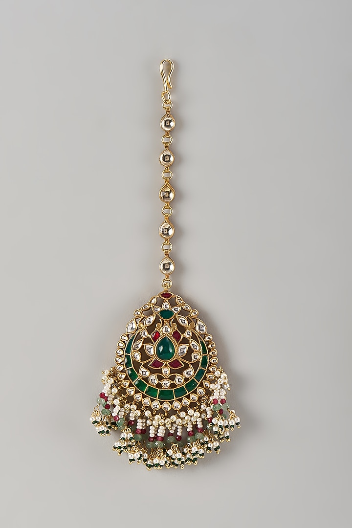Gold Finish Kundan Polki & Multi-Colored Stone Maangtikka by Preeti Mohan at Pernia's Pop Up Shop