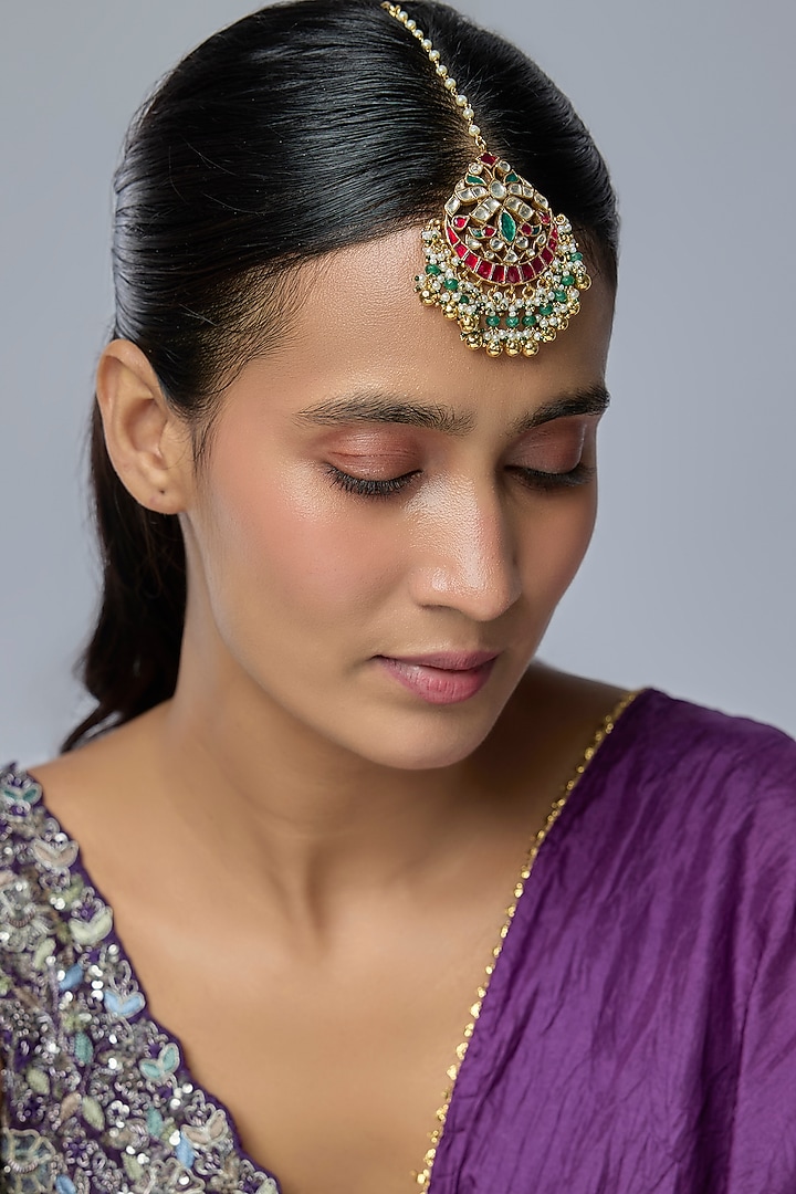 Gold Finish Kundan Polki & Multi-Colored Stone Maangtikka by Preeti Mohan at Pernia's Pop Up Shop