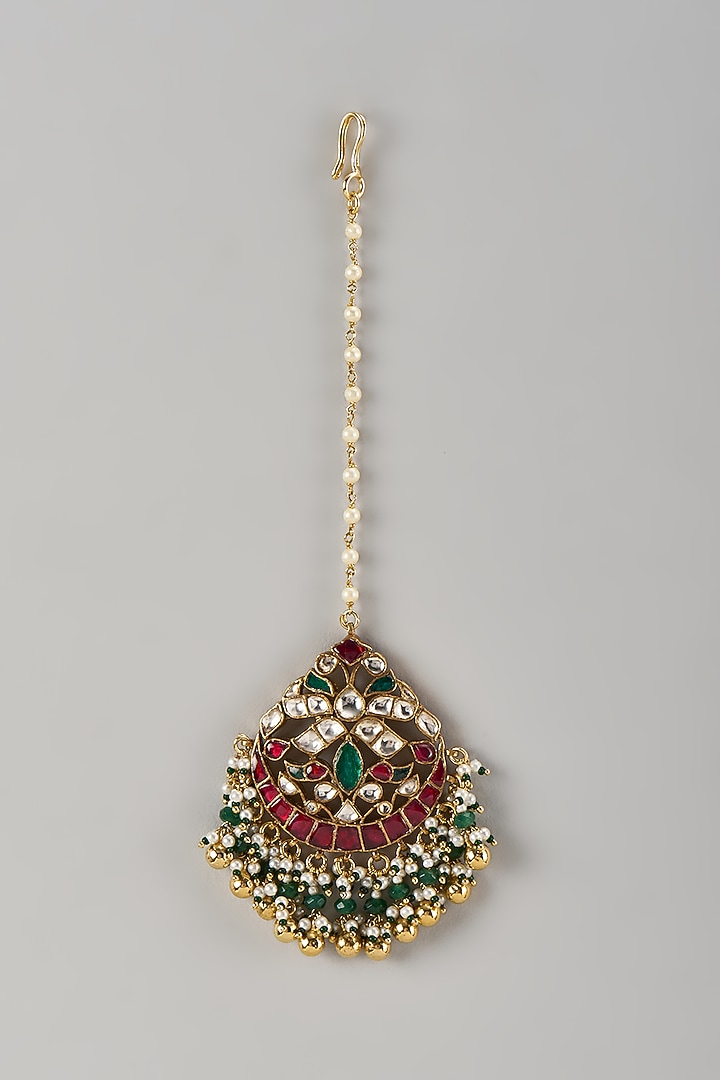 Gold Finish Kundan Polki & Multi-Colored Stone Maangtikka by Preeti Mohan at Pernia's Pop Up Shop
