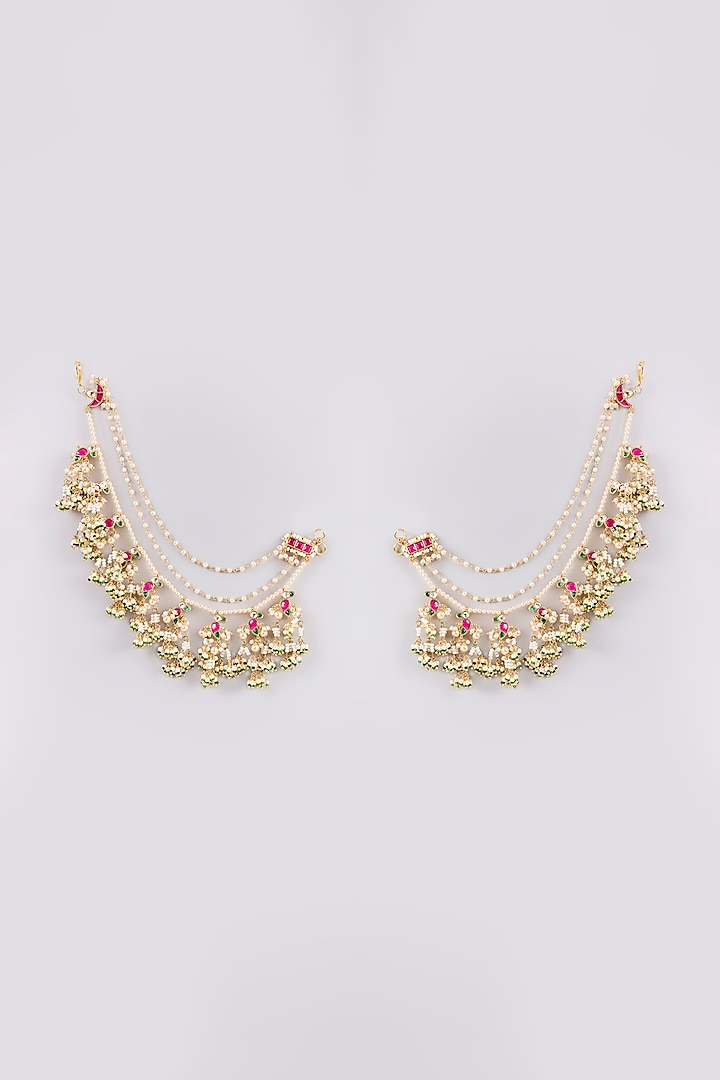 Gold Finish Kundan Polki & Green Onyx Ear Chain Dangler Earrings by Preeti Mohan at Pernia's Pop Up Shop